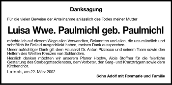 Traueranzeige von Luisa Paulmichl von Dolomiten