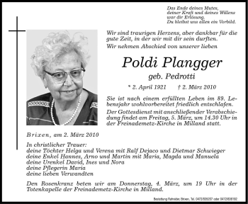 Traueranzeige von Poldi Plangger von Dolomiten