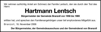 Traueranzeige von Hartmann Lentsch von Dolomiten