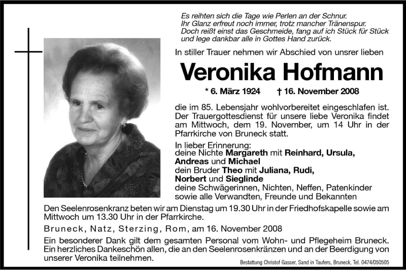  Traueranzeige für Veronika Hofmann vom 18.11.2008 aus Dolomiten