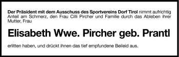 Traueranzeige von Elisabeth Pircher von Dolomiten
