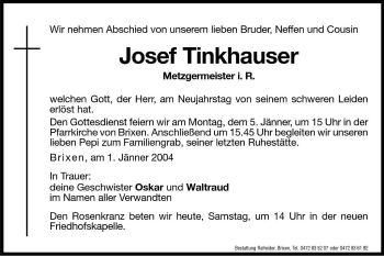Traueranzeige von Josef Tinkhauser von Dolomiten
