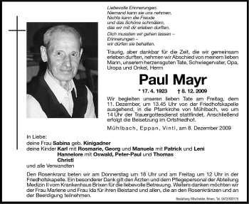 Traueranzeige von Paul Mayr von Dolomiten