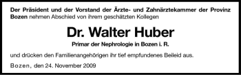 Traueranzeige von Walter Huber von Dolomiten