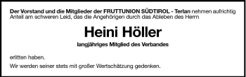 Traueranzeige von Heinrich Höller von Dolomiten