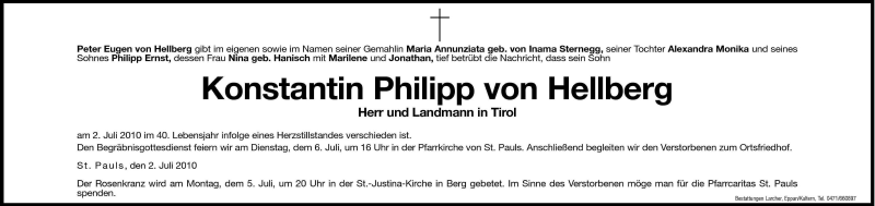  Traueranzeige für Konstantin Philipp Von Hellberg vom 05.07.2010 aus Dolomiten