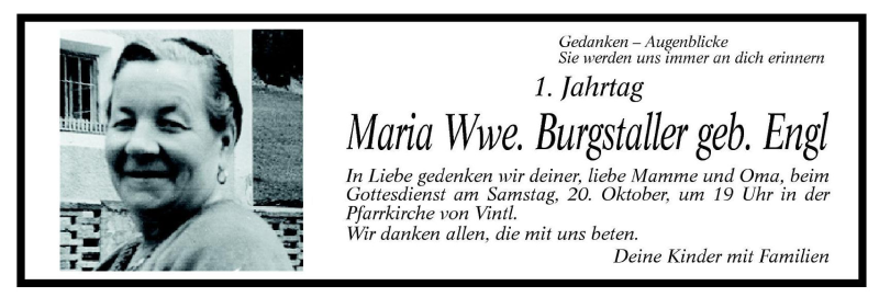  Traueranzeige für Maria Burgstaller vom 19.10.2001 aus Dolomiten