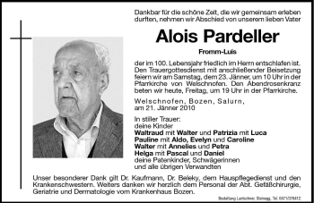 Traueranzeige von Alois Pardeller von Dolomiten