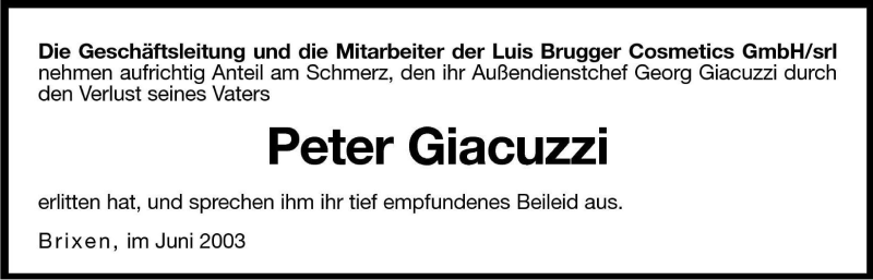  Traueranzeige für Peter Giacuzzi vom 10.06.2003 aus Dolomiten