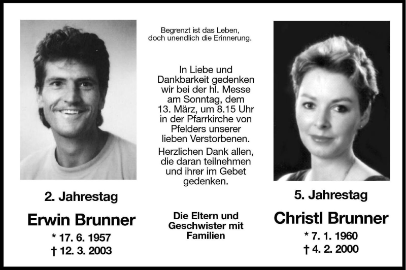  Traueranzeige für Christl Brunner vom 11.03.2005 aus Dolomiten