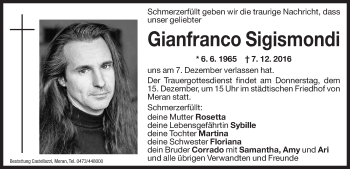 Traueranzeige von Gianfranco Sigismondi von Dolomiten