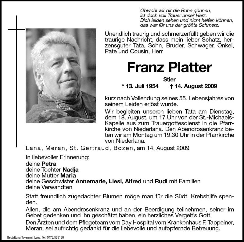  Traueranzeige für Franz Platter vom 17.08.2009 aus Dolomiten