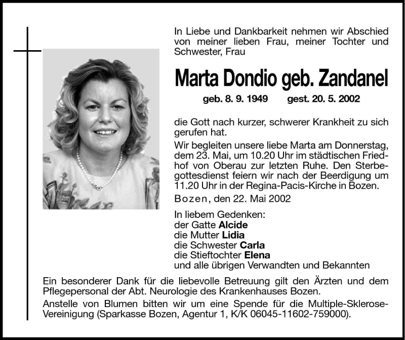  Traueranzeige für Marta Dondio vom 22.05.2002 aus Dolomiten