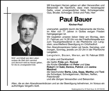 Traueranzeige von Paul Bauer von Dolomiten