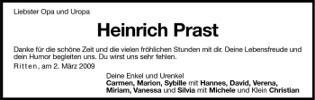 Traueranzeige von Heinrich Prast von Dolomiten