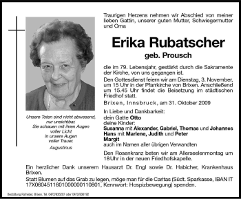 Traueranzeige von Erika Rubatscher von Dolomiten