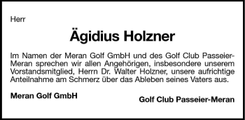 Traueranzeige von Ägidius Holzner von Dolomiten