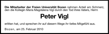 Traueranzeige von Peter Vigl von Dolomiten