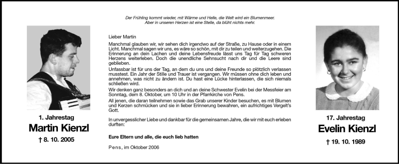  Traueranzeige für Evelin Kienzl vom 06.10.2006 aus Dolomiten