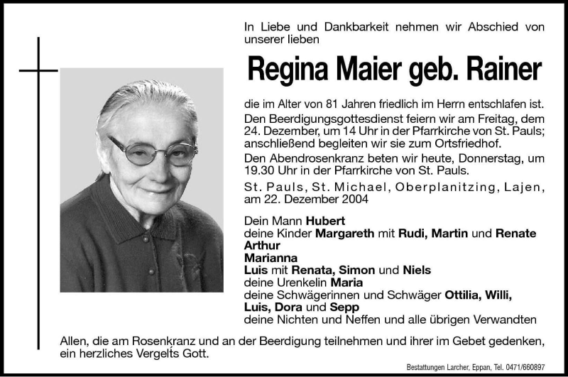  Traueranzeige für Regina Maier vom 23.12.2004 aus Dolomiten