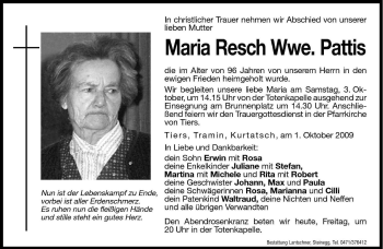 Traueranzeige von Maria Resch von Dolomiten