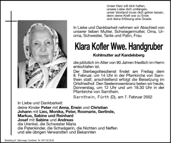 Traueranzeige von Klara Handgruber von Dolomiten