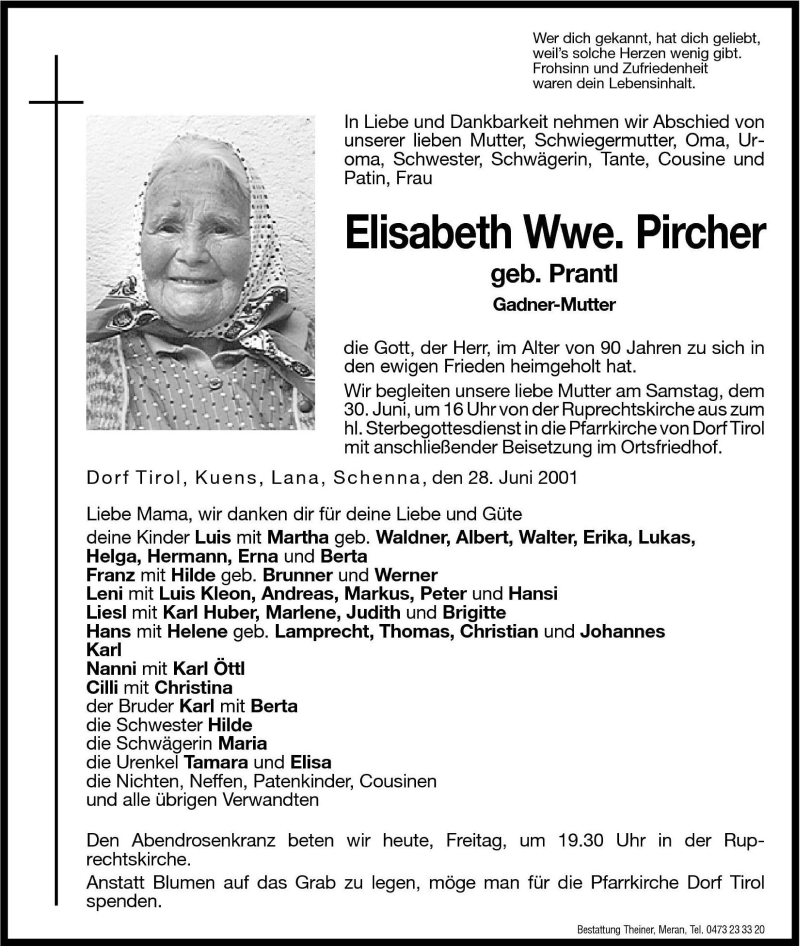 Traueranzeige für Elisabeth Pircher vom 29.06.2001 aus Dolomiten