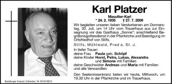 Traueranzeige von Karl Platzer von Dolomiten