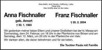Traueranzeige von Franz Fischnaller von Dolomiten
