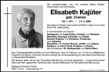 Traueranzeige von Elisabeth Kajüter von Dolomiten
