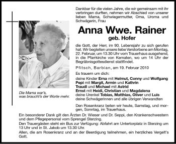 Traueranzeige von Anna Rainer von Dolomiten