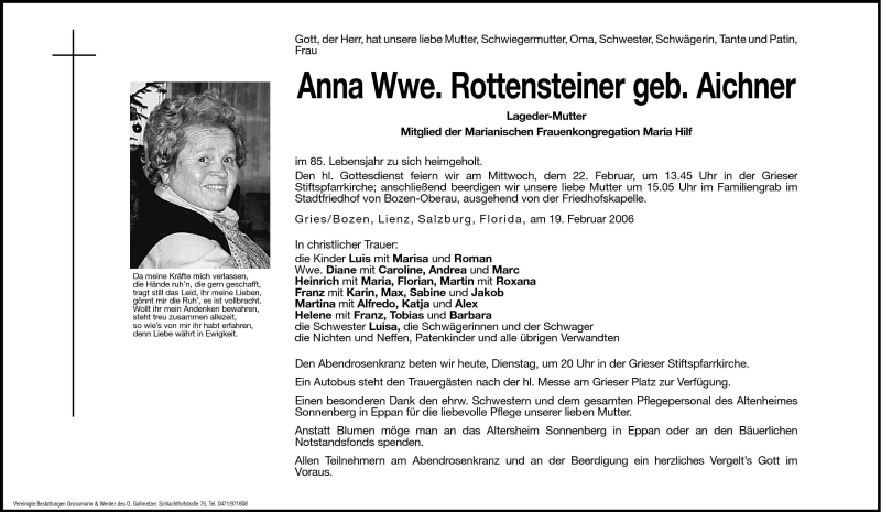  Traueranzeige für Anna Rottensteiner vom 21.02.2006 aus Dolomiten