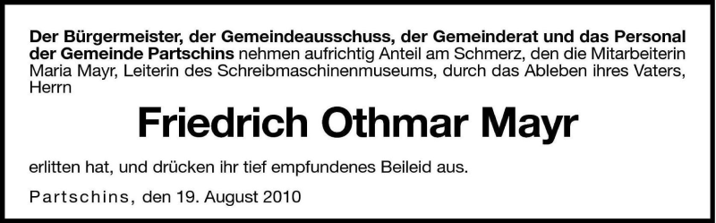  Traueranzeige für Friedrich Othmar Mayr vom 20.08.2010 aus Dolomiten