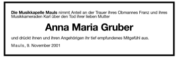 Traueranzeige von Anna Maria Gruber von Dolomiten