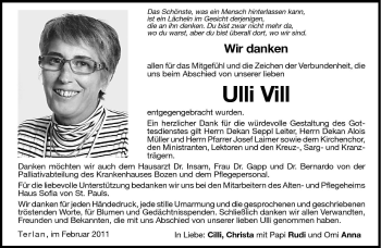 Traueranzeige von Ulli Vill von Dolomiten