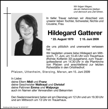 Traueranzeige von Hildegard Gatterer von Dolomiten