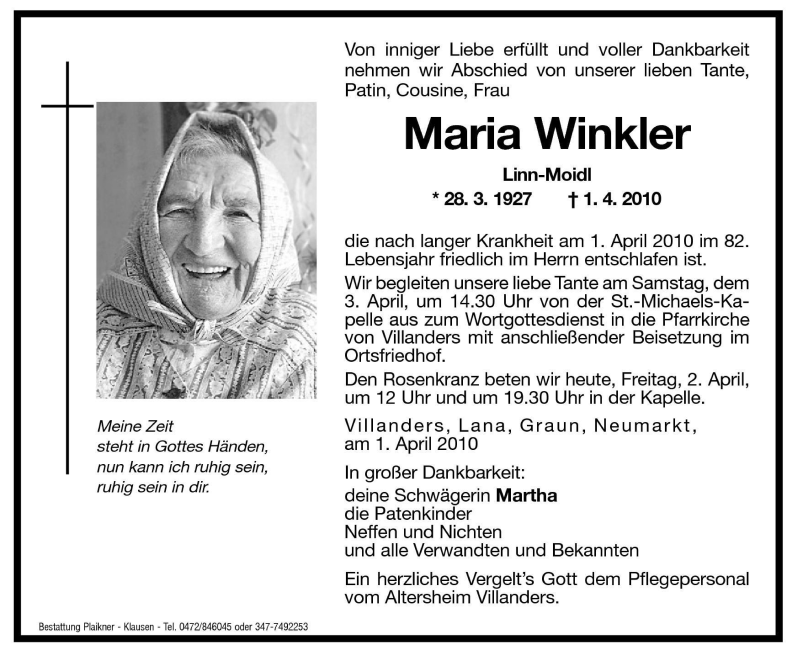  Traueranzeige für Maria Winkler vom 02.04.2010 aus Dolomiten