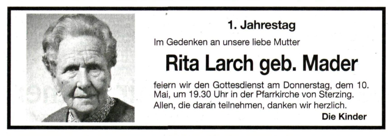  Traueranzeige für Rita Larch vom 09.05.2001 aus Dolomiten