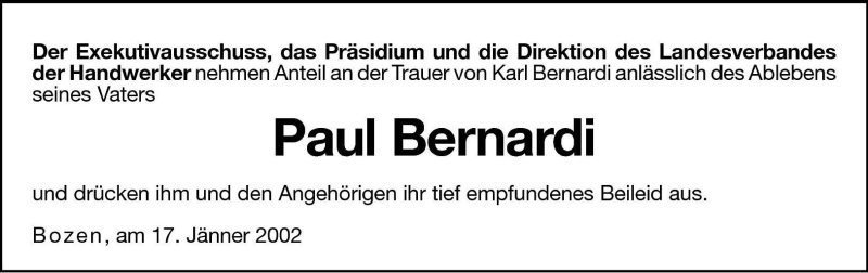  Traueranzeige für Paul Bernardi vom 18.01.2002 aus Dolomiten