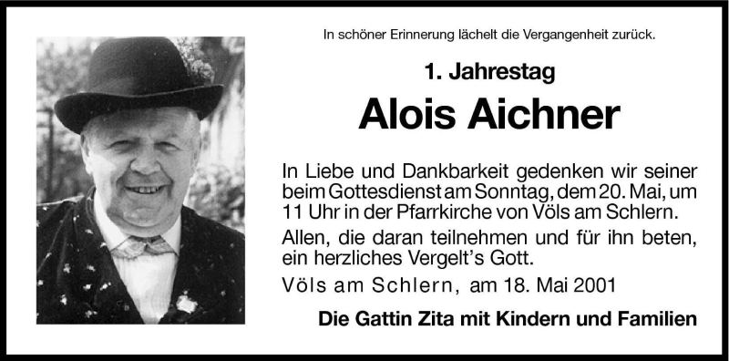  Traueranzeige für Alois Aichner vom 18.05.2001 aus Dolomiten