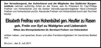 Traueranzeige von Elisabeth Freifrau von Hohenbühel von Dolomiten