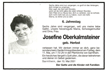 Traueranzeige von Josefine Oberkalmsteiner von Dolomiten