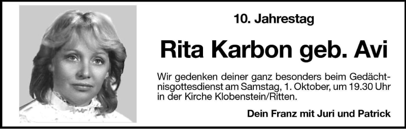  Traueranzeige für Rita Karbon vom 30.09.2005 aus Dolomiten