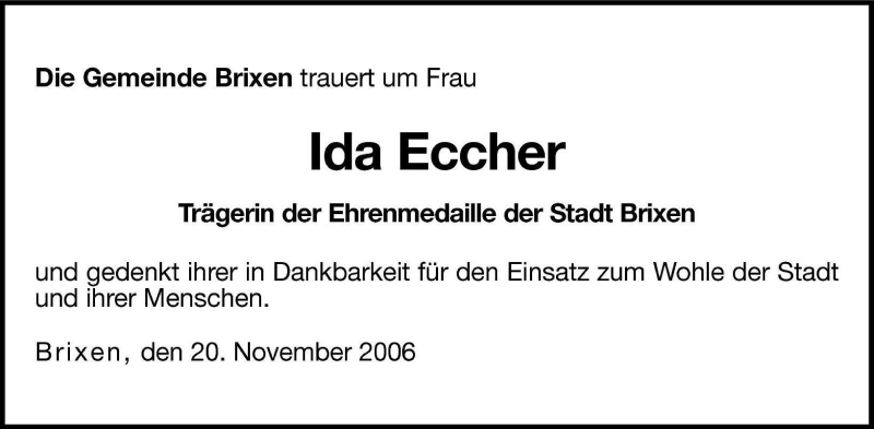  Traueranzeige für Ida Eccher vom 21.11.2006 aus Dolomiten