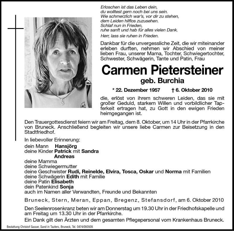  Traueranzeige für Carmen Pietersteiner vom 07.10.2010 aus Dolomiten