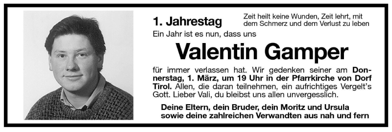  Traueranzeige für Valentin Gamper vom 28.02.2001 aus Dolomiten