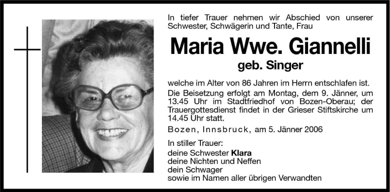  Traueranzeige für Maria Giannelli vom 07.01.2006 aus Dolomiten