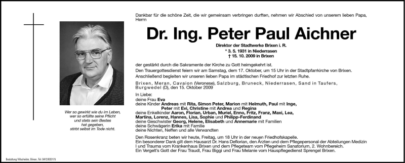  Traueranzeige für Peter Paul Aichner vom 16.10.2009 aus Dolomiten