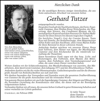 Traueranzeige von Gerhard Tutzer von Dolomiten
