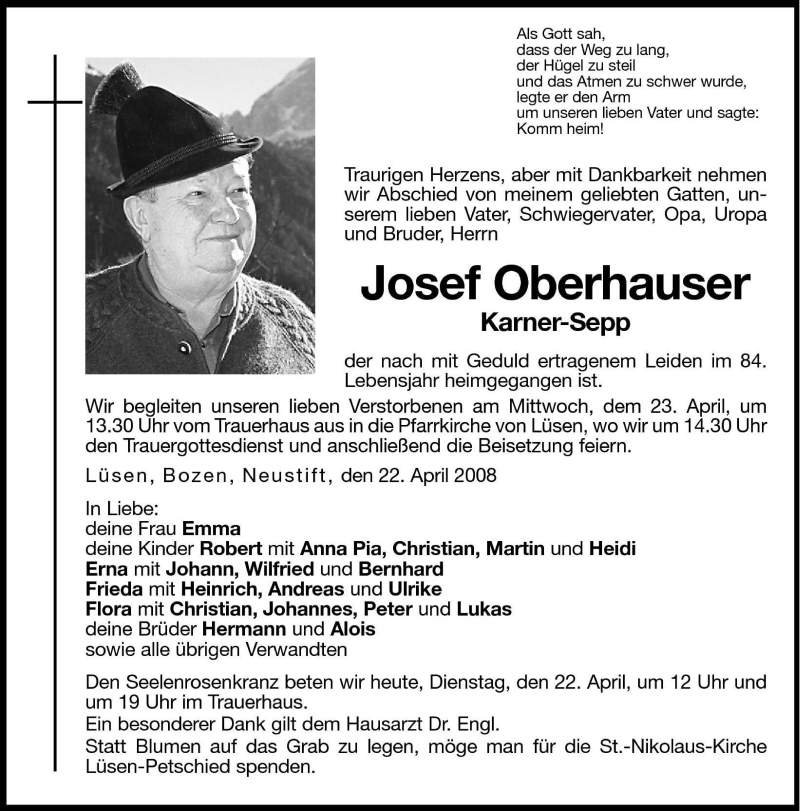  Traueranzeige für Josef Oberhauser vom 22.04.2008 aus Dolomiten